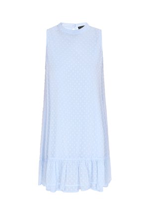 Hellblaues ärmelloses Kleid aus strukturiertem Stoff mit Punkten und einem gerafften Saum. Es hat einen hohen Ausschnitt und einen Rückenschluss.