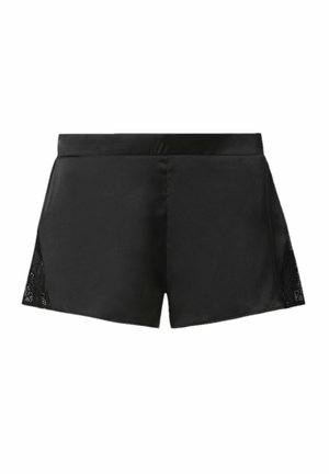 Black satin shorts featuring a smooth texture, a fitted waistband, and lace accents on the sides for added detail.