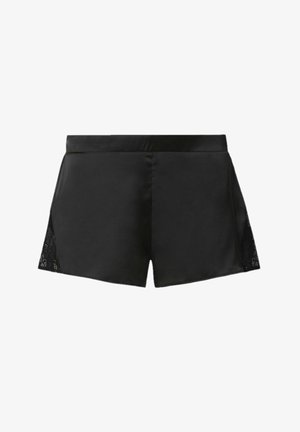 Czarne satynowe szorty z gładką teksturą, dopasowanym pasem w talii oraz koronkowymi akcentami po bokach dla dodatkowego wykończenia.