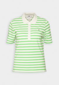 Green and white striped polo shirt with a collar, button placket, and embroidered logo on the left chest. Soft fabric texture.
