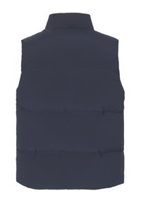 Chaleco de plumón azul marino con cuello alto, diseño acolchado y textura suave. Sin hardware visible ni detalles adicionales. Vista trasera.