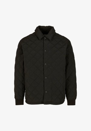 Zwarte gewatteerde jas met een kraaghals, drukknoopsluiting en ribgebreide manchetten. Heeft een diamanten patroon over de stof.