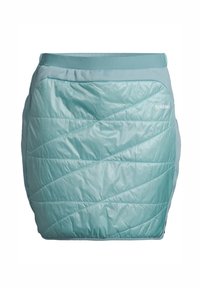 Falda térmica acolchada en azul claro, con costuras diagonales y una cinturilla elástica. Textura suave con acentos en contraste.