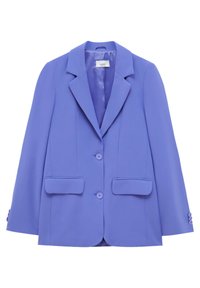 Blazer su misura in lavanda con rever a punta, due tasche frontali a pattina, maniche lunghe con polsini a bottone e chiusura con due bottoni frontali.
