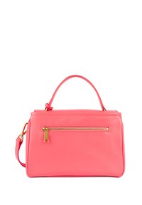 Borsa a mano in pelle rosa con un design strutturato, manico superiore, tracolla rimovibile e una tasca con zip dorata sulla parte anteriore.