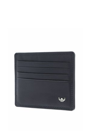 Black leather cardholder with four card slots and a small silver logo in the bottom right corner on a white background.