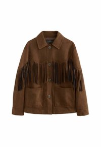 Brown suede jacket featuring fringe detailing on the shoulders, button closure, and two front pockets with a relaxed fit design.