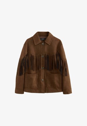 Brown suede jacket featuring fringe detailing on the shoulders, button closure, and two front pockets with a relaxed fit design.