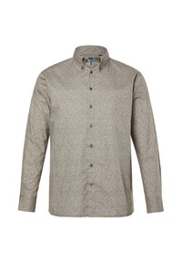 Camisa de hombre de manga larga, con un pequeño patrón de hojas en beige y azul y cuello abotonado, sobre un fondo blanco.