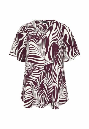 Lyhythihainen pusero, jossa on abstrakti tummanvioletti ja valkoinen lehteä muistuttava kuvio, pyöreä pääntie ja rento istuvuus.