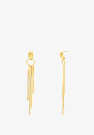 Gouden oorbellen met een druppelvormige stud, een ronde schakel en lange, dunne hangende kettingen, met een gestructureerde afwerking.