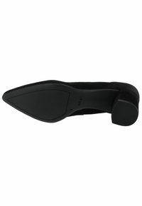 Black suede high-heeled shoe with a pointed toe and a rubber sole. The heel is solid and moderately sized, providing stability.