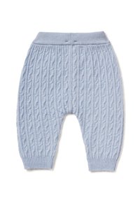 Lichtblauwe gebreide broek met een kabelpatroon, geribbelde enkelmanchetten en een elastische tailleband voor comfort. Zacht en gestructureerd stof.
