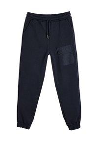 Schwarze Jogginghosen aus weichem Stoff, mit elastischem Bund, Seitentaschen und einer großen aufgesetzten Tasche am rechten Bein.
