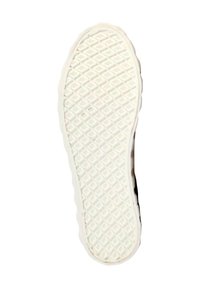 White rubber shoe sole featuring a diamond pattern for grip, with rounded edges and a smooth finish. Texture appears durable and flexible.