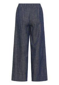 Donkerblauwe wijde broek met elastische tailleband en gestructureerde stof, afgebeeld tegen een witte achtergrond.