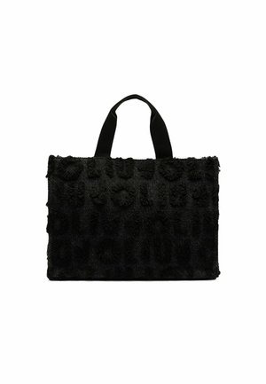 Black textured handbag with a plush, fuzzy surface featuring a patterned design. It has two short, sturdy handles.