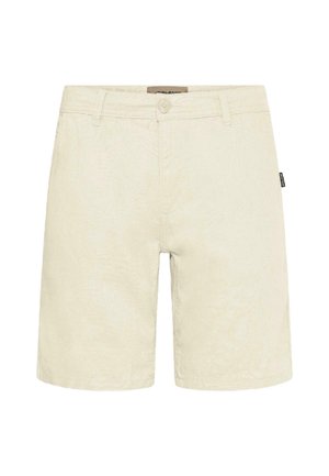 Ανοιχτό μπεζ σόρτς κατασκευασμένα από απαλό βαμβακερό ύφασμα. Διαθέτουν τυπική μέση με κουμπί και πλαϊνές τσέπες. Καθαρός σχεδιασμός με ελάχιστες λεπτομέρειες.