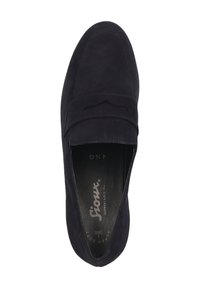Mocassins en daim bleu marine avec un bout rond, détail de col embossé et doublure en cuir. Présentent une semelle flexible pour plus de confort.