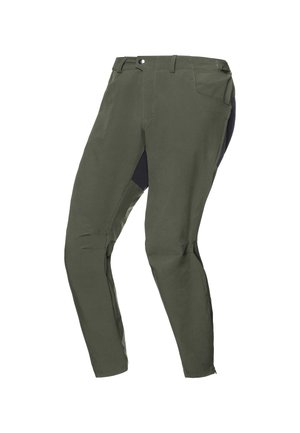 Olive green fitted pants with black side panels, belt loops, front pockets, and a smooth texture. Tailored design for outdoor activities.