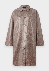 Leopard print coat features a shiny, synthetic fabric, a button-front design, collar, and two front pockets with rounded edges.