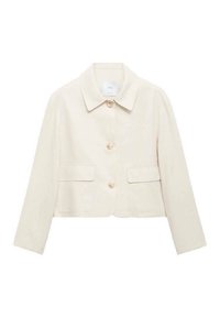 Beige cropped jas met een kraag, voorzien van drie knopen aan de voorkant, twee opgestikte zakken en een gladde, licht gestructureerde stof.