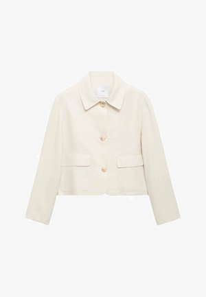 Beige cropped jakke med krave, der har tre frontknapper, to påsyede lommer og et glat, let struktureret stof.