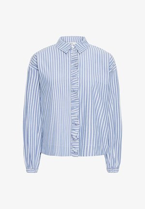 Blusa a righe verticali blu e bianche con maniche lunghe, polsini elasticizzati, un patta dei bottoni arricciata e un colletto a punta.
