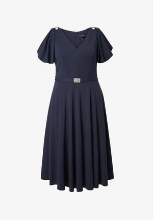 Marineblaue Midikleid mit V-Ausschnitt, flatternden Ärmeln, tailliertem Bund mit Strass-Schnallen-Gürtel und ausgestelltem Rock.
