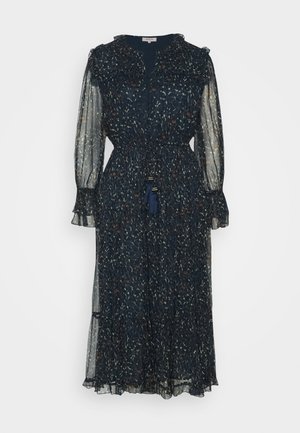 Dunkles, transparentes Midi-Kleid mit langen Ärmeln, kleinem mehrfarbigem Blumenmuster, gerafftem Kragen, taillierter Passform und Quasten-Bindegürtel.