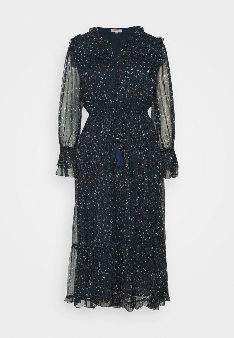 Robe midi longue manches longues transparente foncée avec petit imprimé floral multicolore, col à volants, taille cintrée et ceinture à nouer avec pompons.