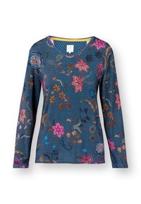 Donkerblauw shirt met lange mouwen en kleurrijke bloemenbroderie. Het heeft een V-halslijn en een geribbelde textuur, die verschillende bloemenvormen accentueert.