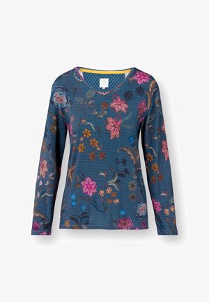 Langärmliges Oberteil in Dunkelblau mit buntem Blumenstickerei. Hat einen V-Ausschnitt und eine gerippte Textur, die verschiedene Blumenformen hervorhebt.