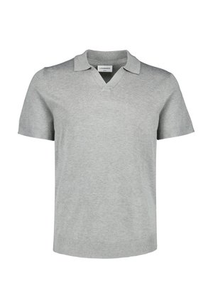 Polo in maglia grigio chiaro a maniche corte con collo e scollo a V, caratterizzata da polsini e orlo a coste.