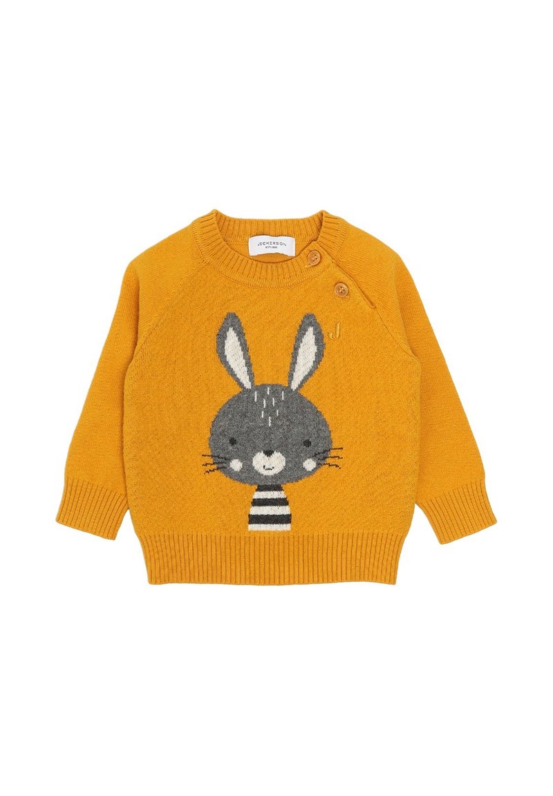 Maglione giallo a maglia con una fantasia di coniglio, testa grigia, baffi neri e colletto a righe bianche e nere. Include dettagli con bottoni.