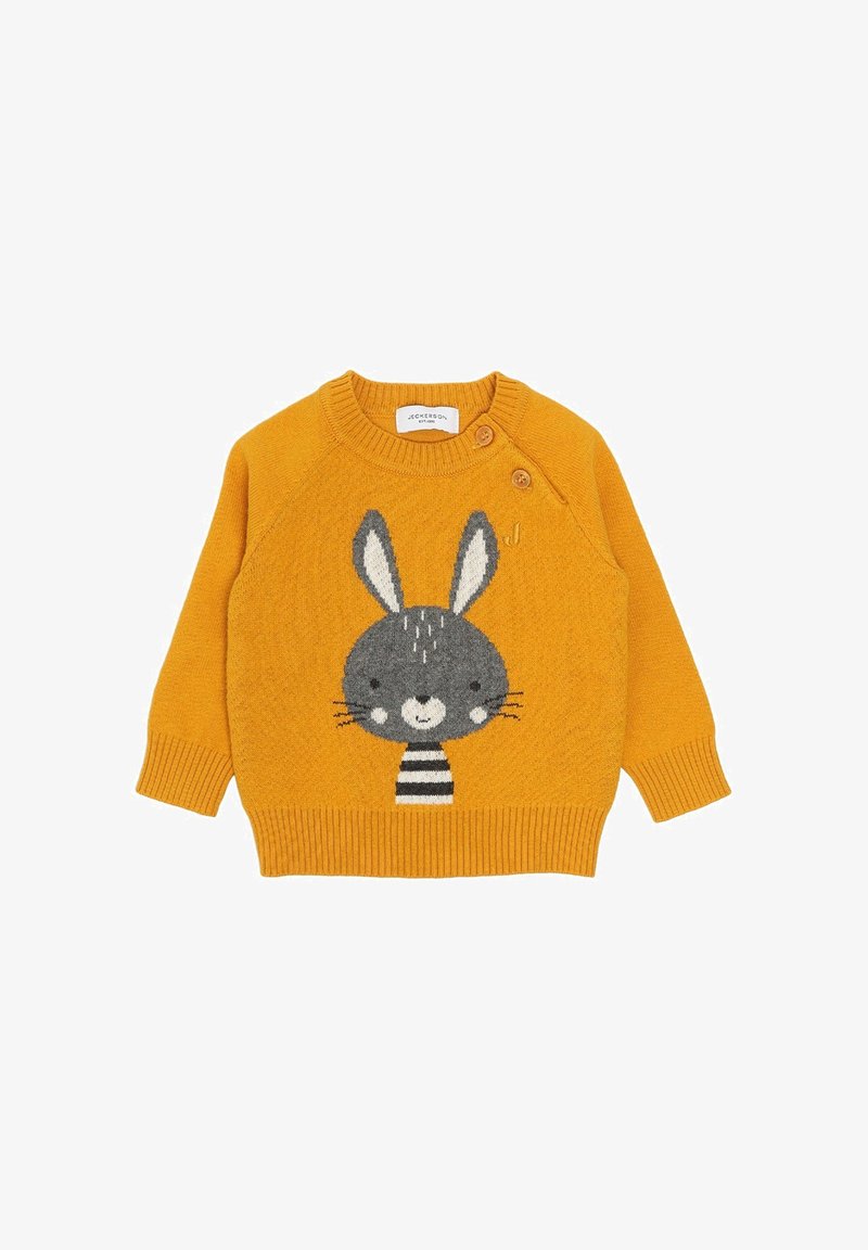 Maglione giallo a maglia con una fantasia di coniglio, testa grigia, baffi neri e colletto a righe bianche e nere. Include dettagli con bottoni.