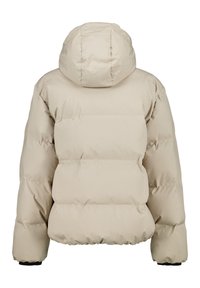 Giacca puffer beige con cappuccio, caratterizzata da un design trapuntato, polsi elasticizzati e una forma ampia. Texture liscia senza hardware visibile.