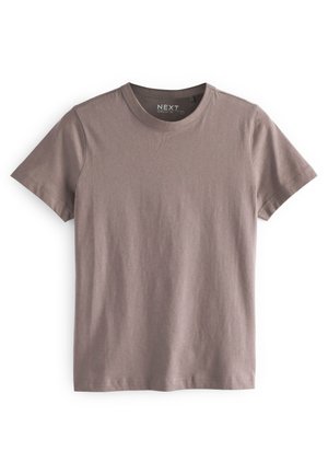 T-shirt à col rond à manches courtes de couleur mauve neutre, fabriqué en coton doux avec une texture lisse et un ourlet droit. Étiquette de la marque Next incluse.