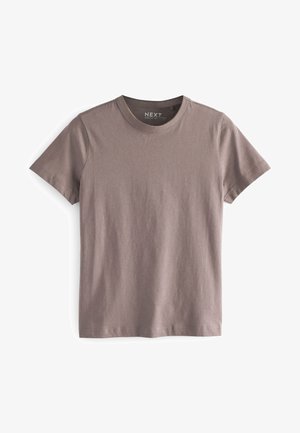 Kratka majica s kratkimi rokavi in okroglim izrezom v stisnjeni mauve barvi, narejena iz mehke bombažne tkanine z gladko teksturo in ravnim robom. Vključen je oznaka blagovne znamke Next.