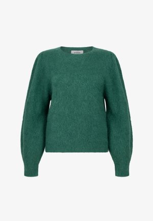 Groene trui van zacht, gestructureerd materiaal. Voorzien van een ronde halslijn en volumineuze, lange mouwen. Eenvoudig, modern ontwerp.