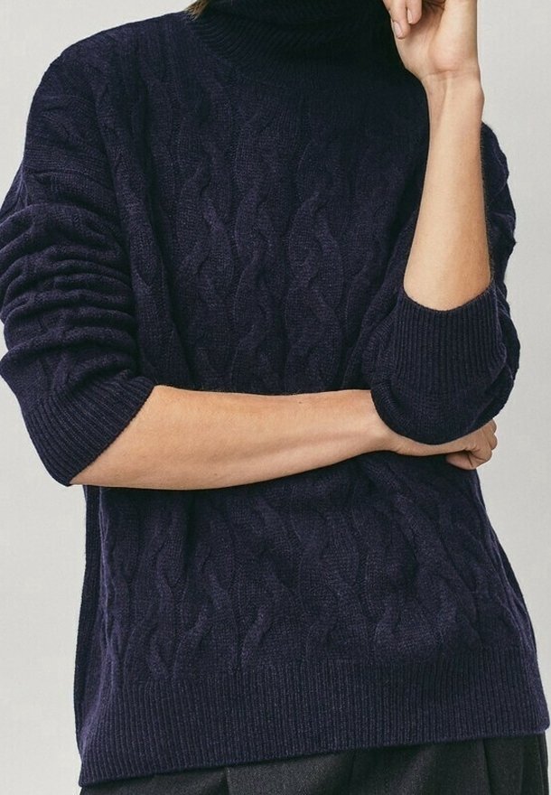 Pull en maille torsadée bleu marine avec un col roulé haut, doté de poignets et d'un ourlet côtelés. Le matériau semble doux avec un motif texturé.