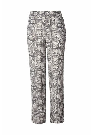 Pantalones livianos con cintura elástica en un patrón floral geométrico monocromático; presentan piernas rectas y una textura suave.