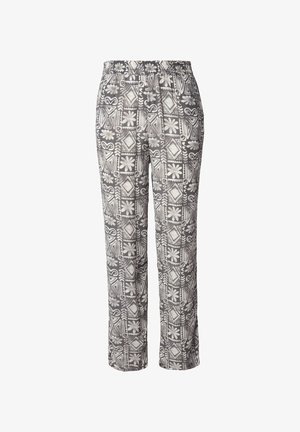 Lichte, broek met elastische taille in een monochroom geometrisch bloemprint; heeft rechte pijpen en een gladde textuur.