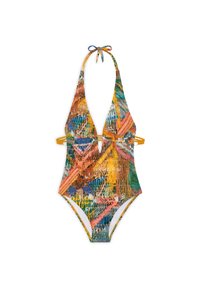 Färgglad enstyckad baddräkt med djup V-ringning, tunna gula remmar och ett texturerat mönster av livliga nyanser i orange, blått och grönt.