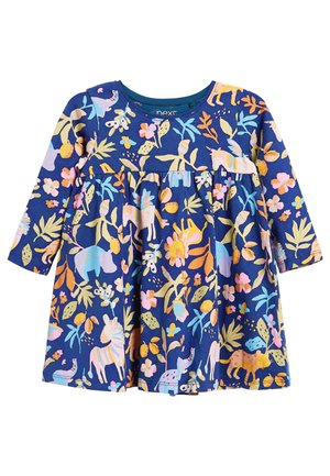 Marineblauwe jurk met lange mouwen en kleurrijke dieren- en bloemenprint. Voorzien van een geplooide taille en een ronde halslijn. Zachte katoenen stof.