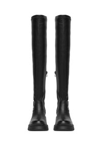 Czarne skórzane kozaki za kolano o gładkiej fakturze, smukłym designie i bocznymi zamkami błyskawicznymi. Wyposażone w płaską gumową podeszwę dla stabilności.