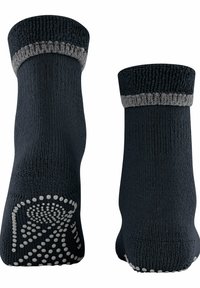 Calzini neri con polsini a coste grigi, materiale a maglia testurizzato e punte in gomma antiscivolo sulle suole per garantire aderenza. Progettati per comfort e stabilità.