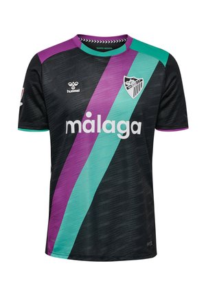 Svart fotbollströja med diagonala ränder i lila och turkos. Har rundad halsringning, strukturerad tyg och Malaga CF-logotypen på bröstet.