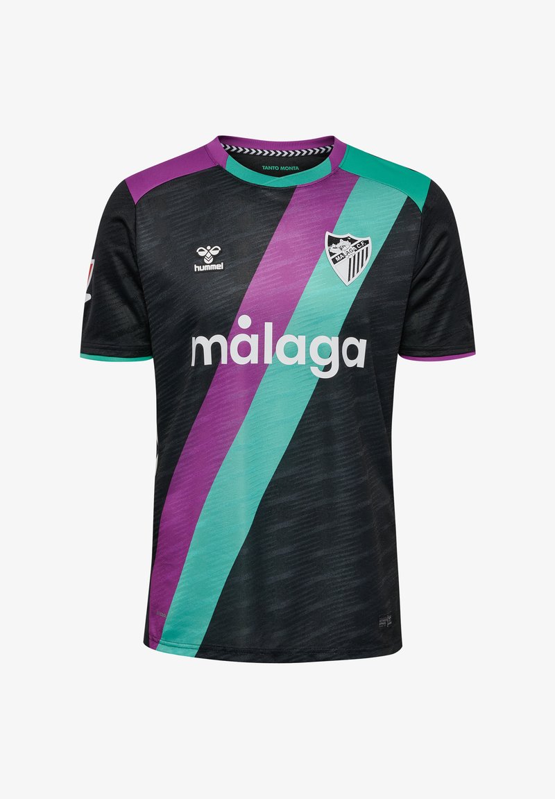 Sort fodboldtrøje med lilla og turkise diagonale striber. Har rund hals, struktureret stof og Malaga CF-logoet på brystet.