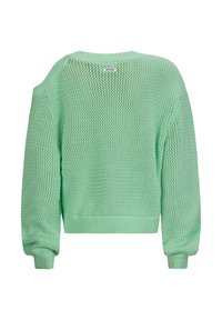 Mintgrüner Strickpullover mit lockerer Passform, gerippten Bündchen und einem offenen Schulterdesign. Leichte Textur mit einem atmungsaktiven Muster.